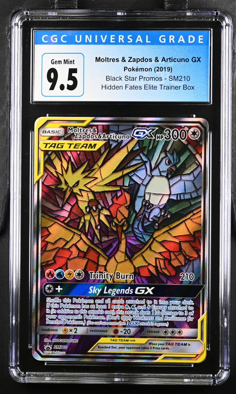 2019 Pokemon Black Star Promos - Sun & Moon Moltres & Zapdos & Articuno GX SM210 Hidden Fates Elite Trainer Box CGC 10