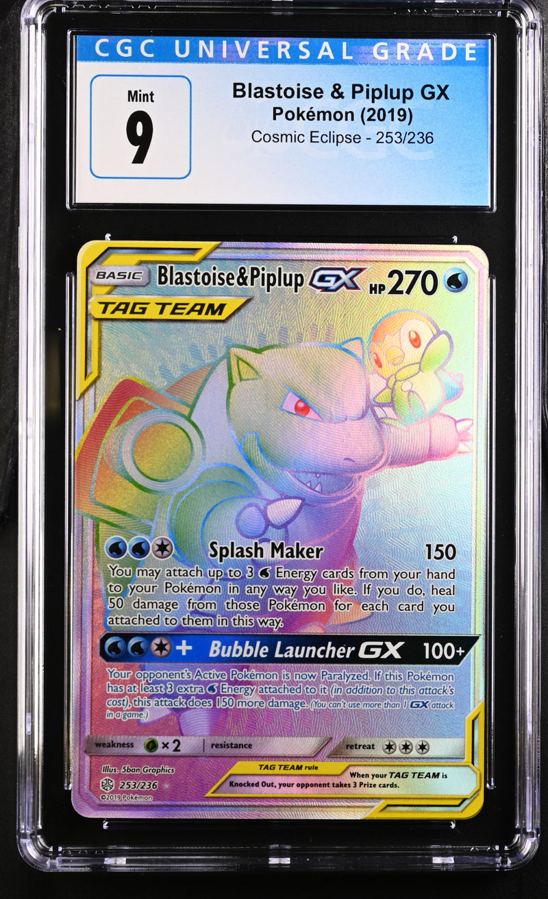 2019 Pokemon Cosmic Eclipse Blastoise & Piplup GX 253/236 CGC 9