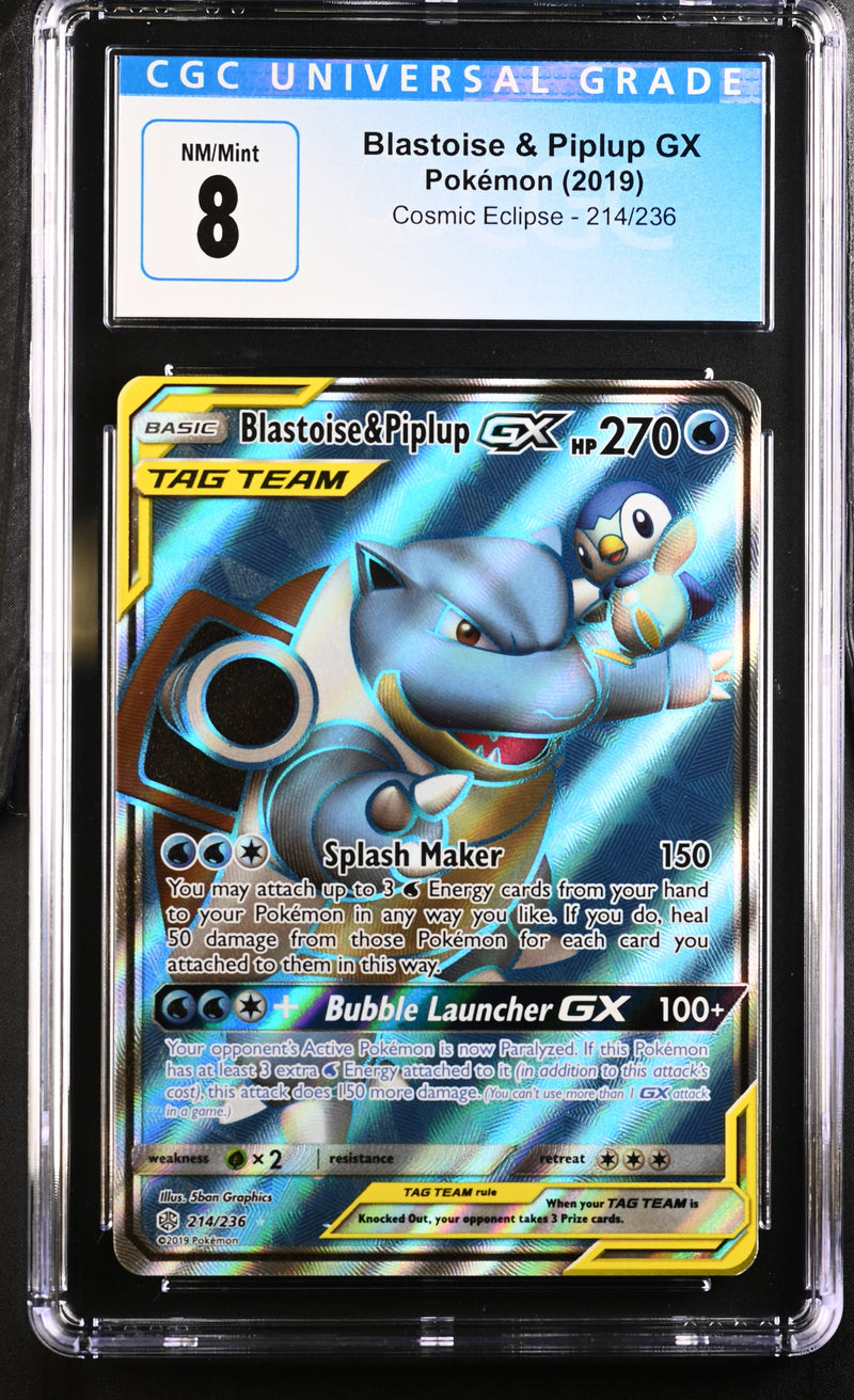 2019 Pokemon Cosmic Eclipse Blastoise & Piplup GX 214/236 CGC 8