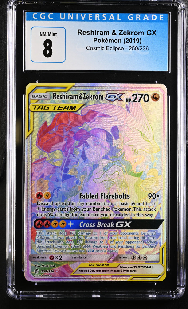 2019 Pokemon Cosmic Eclipse Reshiram & Zekrom GX 259/236 CGC 8
