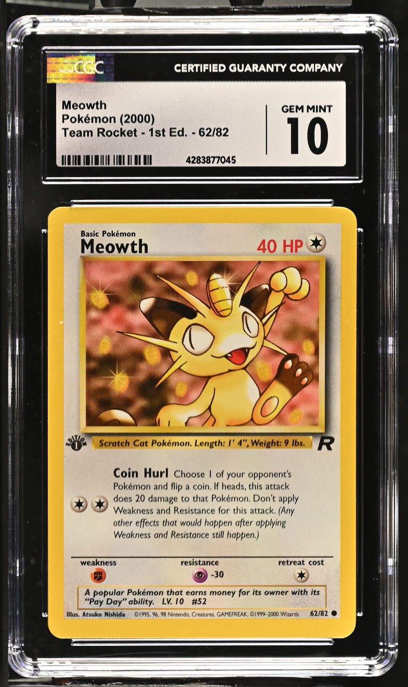 2000 Pokemon Team Rocket - 1st Edition Meowth 62/82 CGC 10