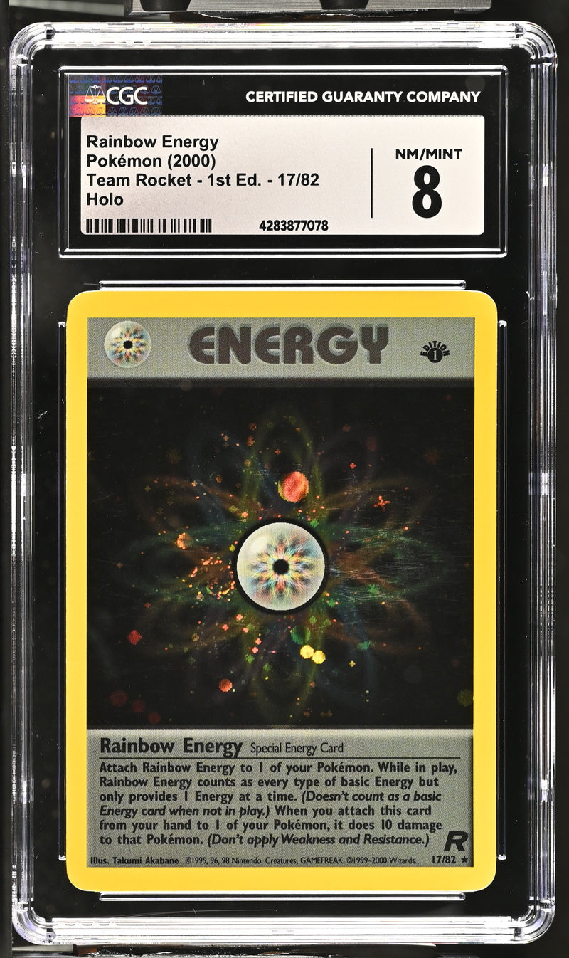 2000 Pokemon Team Rocket - 1st Edition Rainbow Energy 17/82 Holo CGC 8