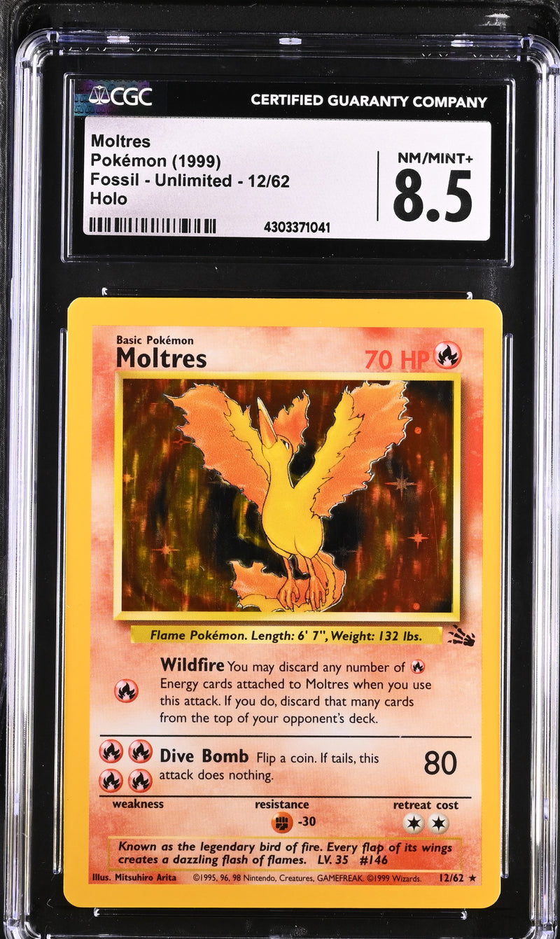 1999 Pokémon Fossil - Unlimited Moltres 12/62 Galaxy Star Holo CGC 8.5