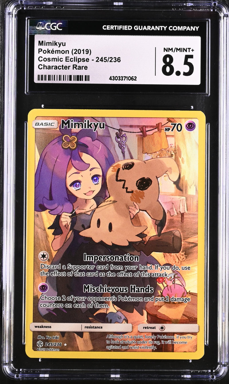 cosmic eclipse rare card 2019 Pokemon Cosmic Eclipse Mimikyu 245/236 Character Rare CGC 8.5